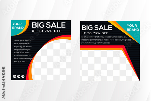 Set of social media post banner template for big sale program. square layout with quarter circle and trapezoid space for photo. horizontal pattern in black background. 