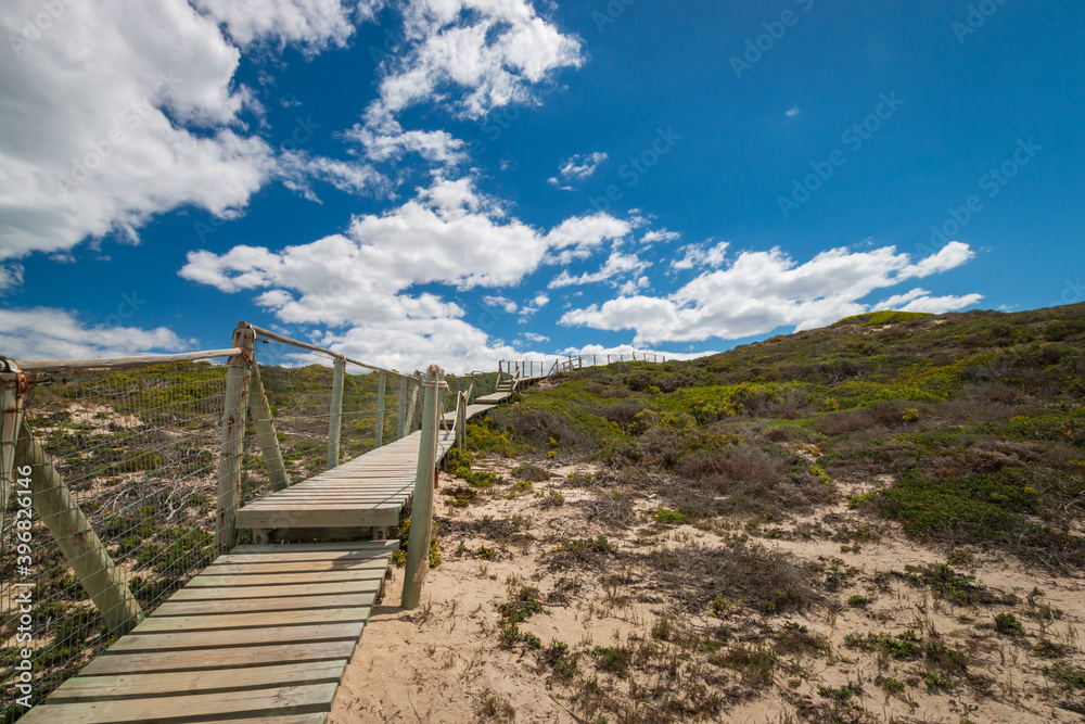 Wooden footpath leading to beach at De Hoop nature Reserve, South Africa.