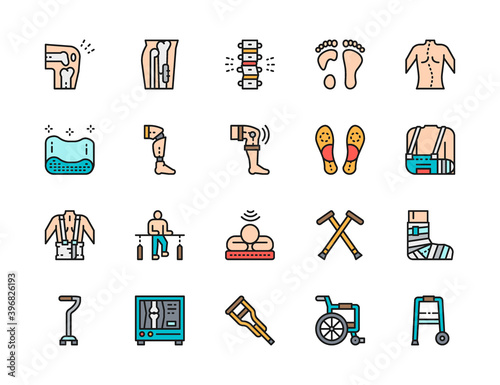 Set of Medical Rehabilitation Flat Color Icons. Prosthesis, Bandage and more.