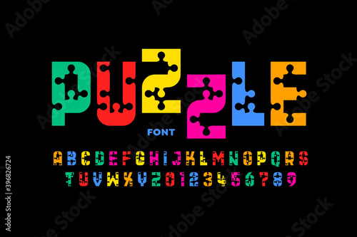 Puzzle game style font, jigsaw puzzle alphabet letters and numbers