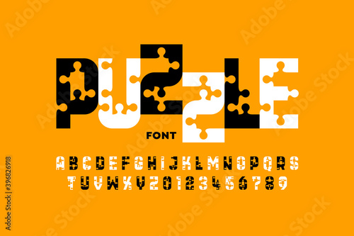 Puzzle game style font, jigsaw puzzle alphabet letters and numbers
