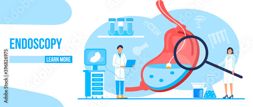 Endoscopy healthcare technology concept vector. Tiny doctors research stomach. Gastroenterology illustration for medical blog website