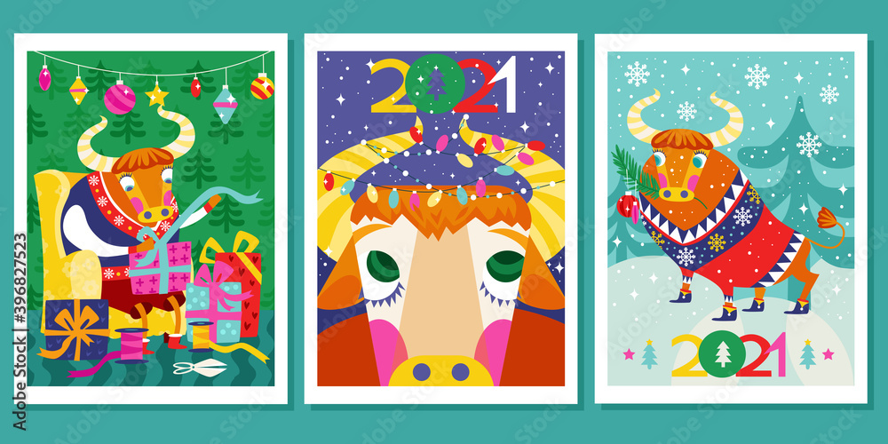 Set of Christmas or New Year greeting card. Symbol of 2021 year - Bull.