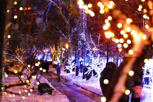Night view of Moscow boulevards circle decorated for New Year and Christmas holidays, Russia © Sergey Novikov