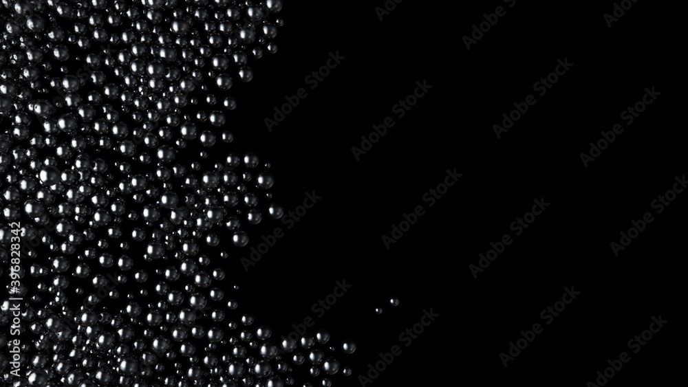 Wave of black shine balls from left side on black background. Glossy spheres fill the volume. Luxury Black caviar flow. 3D render illustration. - obrazy, fototapety, plakaty 