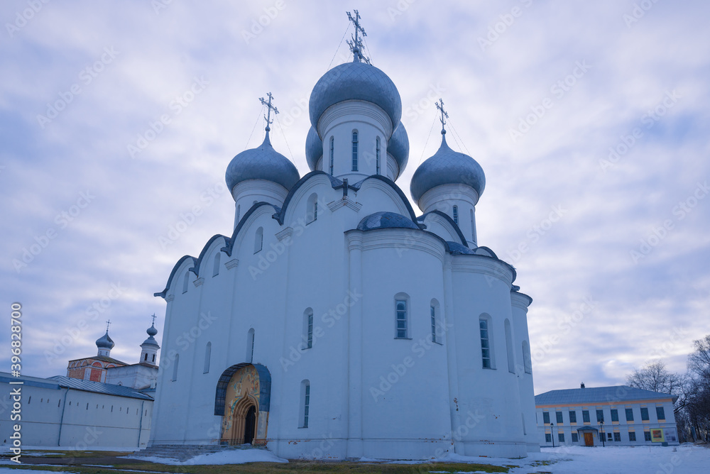 Saint Sophia Cathedral close-up on a cloudy March evening. Vologda, Russia