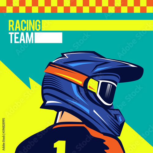 Design logo helmets motocross. Back shot of man with full face. Extreme sport logo template. Place for text. Mountain Biking. Downhill. Motocross helmet