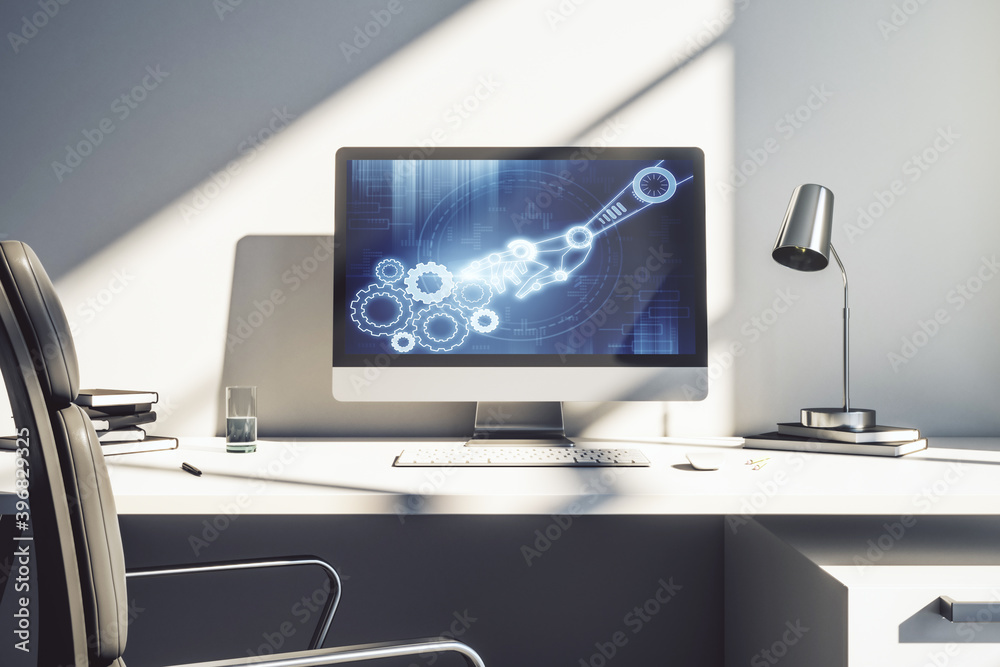 Naklejka premium Creative concept of robotics technology on modern laptop screen. Robot development and automation concept. 3D Rendering