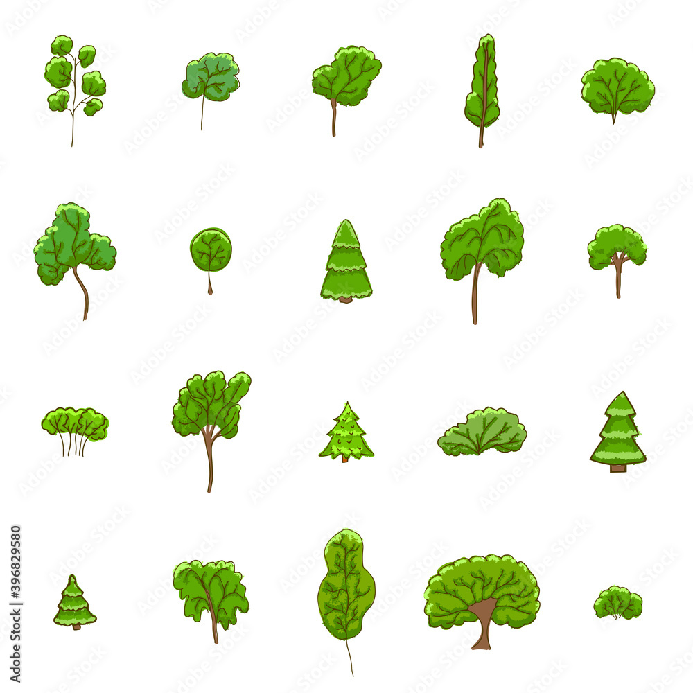 Set of hand drawn doodle trees. Summer, bright green foliage.