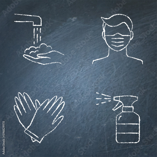 Chalkboard coronavirus prevention icon set in line style