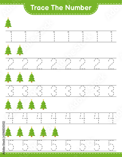 Trace the number. Tracing number with Christmas Tree. Educational children game, printable worksheet, vector illustration
