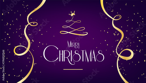 Merry Christmas card with christmas tree, crown and golden confetti on violet background. Vector greeting banner.