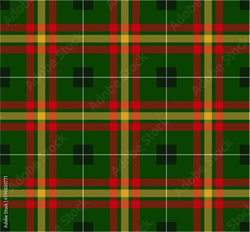 Traditional Christmas pattern for a plaid. Scottish tartan, cage. Red, green, yellow, black and white squares. Vector illustration.