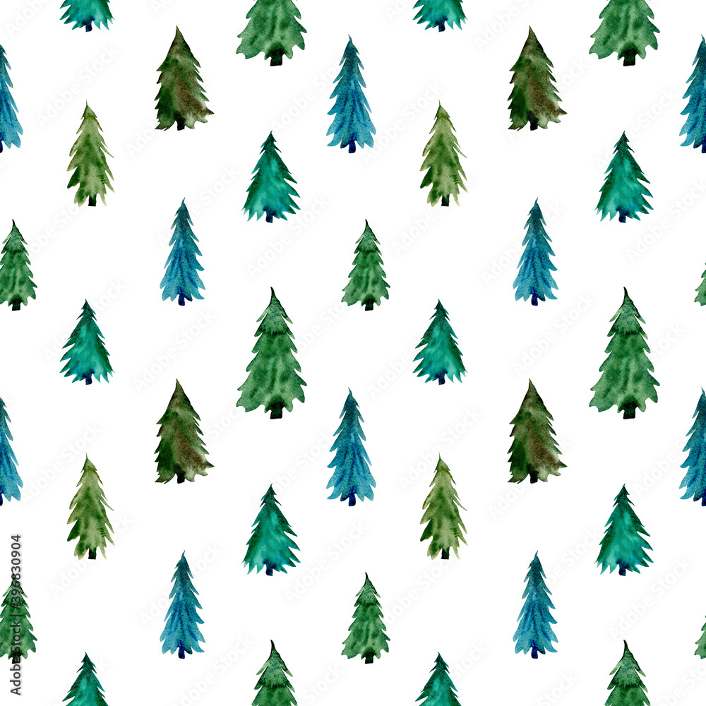 Obraz premium watercolor christmas trees seamless pattern