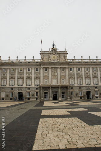 Heritage. Monumental architecture and design. Panorama view of the Royal Palace of Madrid baroque facade in Spain.