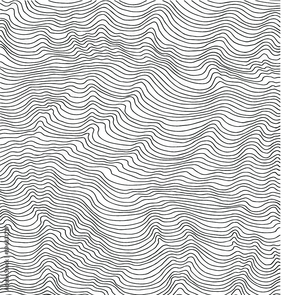 Wave pattern, line background, optical illusion. Amazing hand drawn doodle art. Vector illustration. Hand drawn artwork. Poster, banner, web interface template. Black and white, monochrome