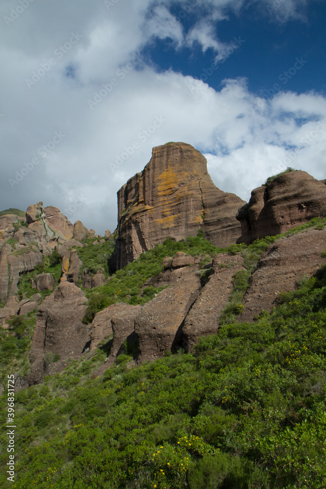 Geology. View of the mountains, green forest and rock formations called Los Terrones, in Cordoba, Argentina.