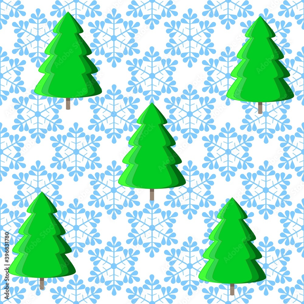 Green tree with blue snowflake for print textile Green tree with blue snowflake for print textile