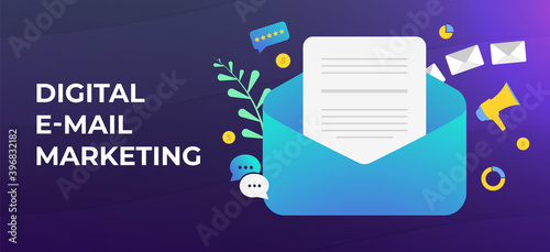 Digital Email Marketing and lead generation concept. Create personalized emails with leverage social media followers, identify target audience. Drip advertising e-mail newsletter campaign.