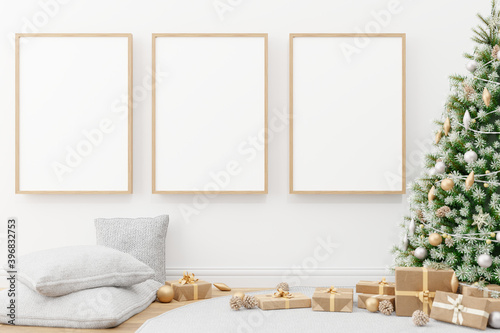 Interior wall mock up with vertical wooden poster photo frame