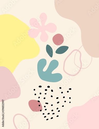 Contemporary art print. Vector hand drawn artwork. Trendy 50s, 60s retro, vintage. Matisse style. Hugge home, house decor. Wallpaper, banner. Beige, black, pink, green, yellow soft colors. Minimalism