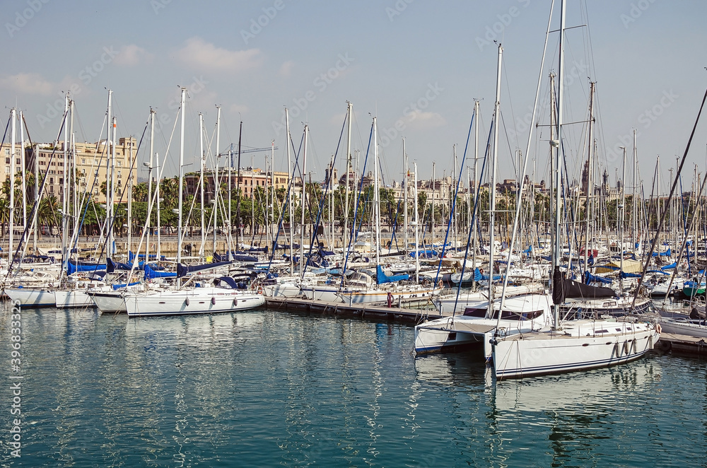 A lot of yachts in the port of Barcelona, Spain
