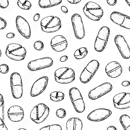 Pills and vitamins illustration. Seamless pattern. Hand drawn vector illustration. Black and white background. Healthy food.