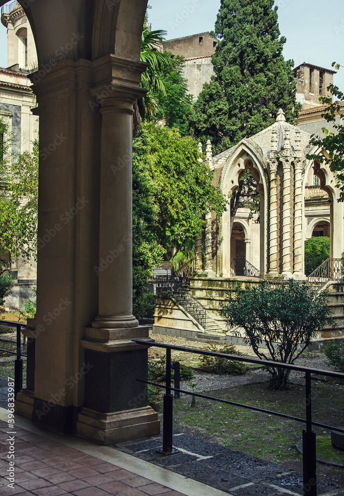 Beautiful architecture of the courtyard in Catania, Italy