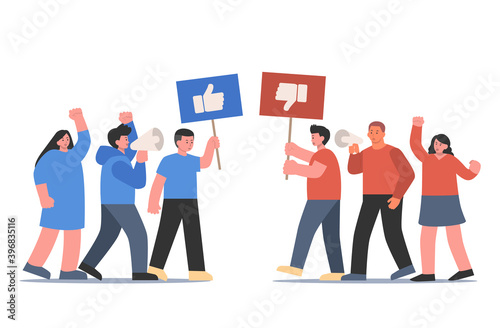 Blue and red clothing peoples raising a appreciate sign and dislike for support and disagree. Cartoon Illustration about different think and opinions of people in social media.