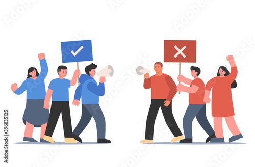 Gathering of Blue and red clothing peoples to debate positive and negative arguments, holding right, wrong signs. Cartoon Illustration about crowd meet for speak and Opinion.