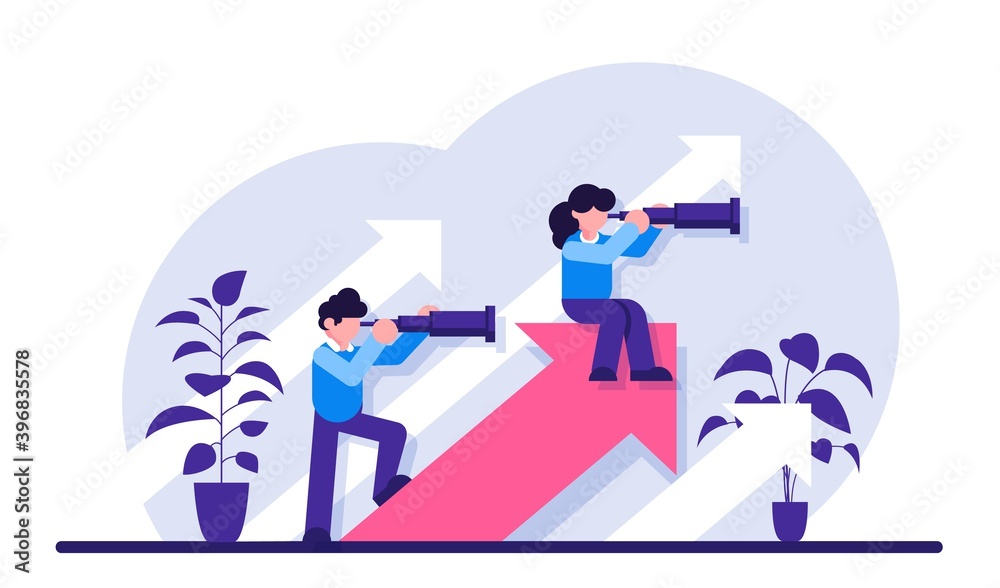 Business opportunities as vision, chances. Visionary entrepreneur anticipating new trends. Professional ambitions, company development plans, searching innovation. Modern flat illustration. Business opportunities as vision, chances. Visionary entrepreneur anticipating new trends. Professional ambitions, company development plans, searching innovation. Modern flat illustration.