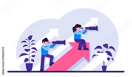 Business opportunities as vision, chances. Visionary entrepreneur anticipating new trends. Professional ambitions, company development plans, searching innovation. Modern flat illustration.