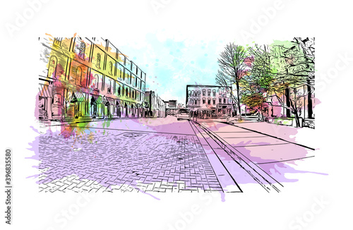 Building view with landmark of Clarksville is a city in north Tennessee. Watercolour splash with hand drawn sketch illustration in vector. photo