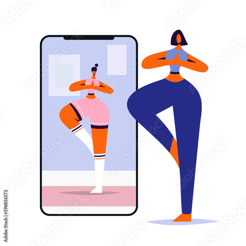 Yoga Online Class concept illustration. The girl repeats the movements from yoga for the instructor who conducts classes online. Online meditation.