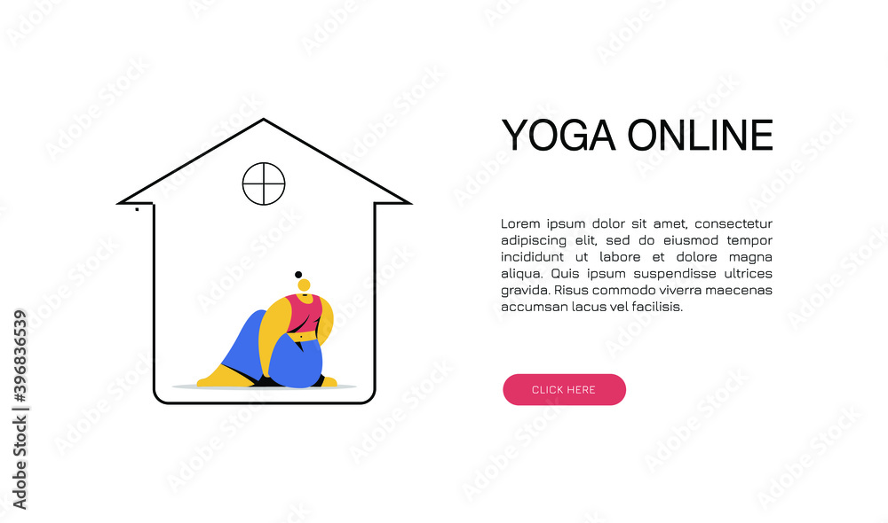 Online yoga concept banner. Yoga pose, the girl does physical exercises. Online yoga with an instructor at home. Flat vector illustration. Meditation online. Online yoga concept banner. Yoga pose, the girl does physical exercises. Online yoga with an instructor at home. Flat vector illustration. Meditation online.