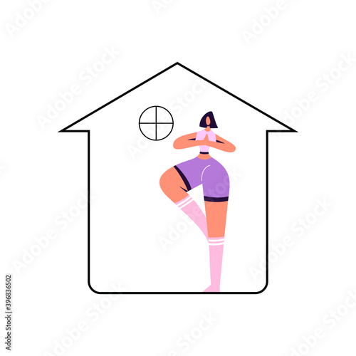 Online yoga lessons. Vector web illustration of a girl doing exercises remotely at home. Home distancing. Online meditation. Stay at home.