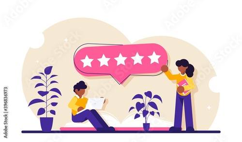 Book review concept. Readers give the highest rating. Five stars for quality. Modern flat illustration.
