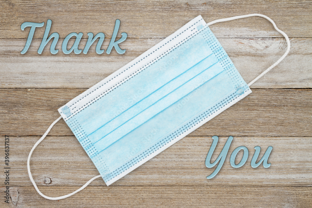 Thank you message with blue and white face mask Stock Photo | Adobe Stock