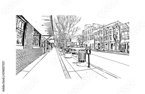 Building view with landmark of Clarksville is a city in north Tennessee. Hand drawn sketch illustration in vector.