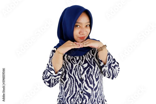 The gesture of beautiful Hijab Woman. Happy, Sad, Confused, Bored, Thinking, Thump-up, Surprised, Smile, Love, Hello, Pointing Forward, Calling, Video Call.