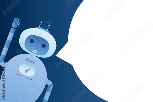 Funny robot or chatbot and big empty speech bubble. Message template. Business communication banner. Artificial intelligence greets