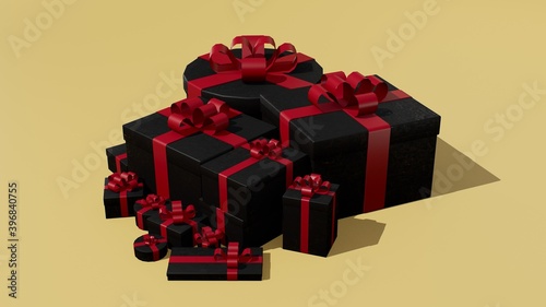 Heap black gifts with red ribbon on the sail champagne background. Holiday gift boxes forming a stack of presents. 3D illustration of gifts.