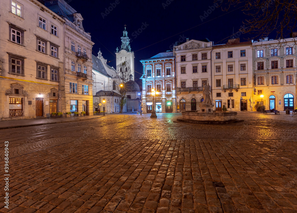 Lviv. Town Hall Square at Dawn.
