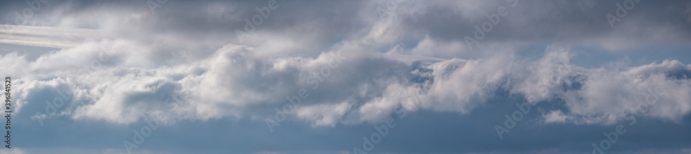 Blue sky with clouds in sunlight, wide cloudscape background panorama