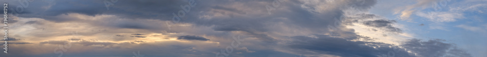 Fluffy clouds in evening overcast sky panoramic view. Climate, environment and weather concept sky background.