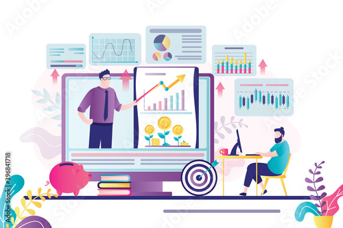 Male character taking online business course. Businessman on refresher courses. Professional coach on computer screen