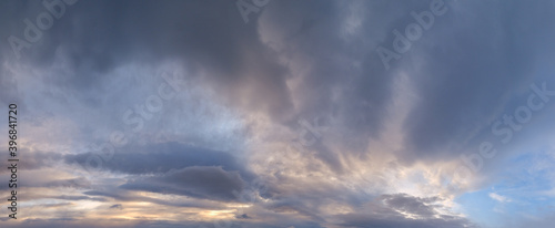 Fluffy clouds in evening overcast sky panoramic view. Climate  environment and weather concept sky background.