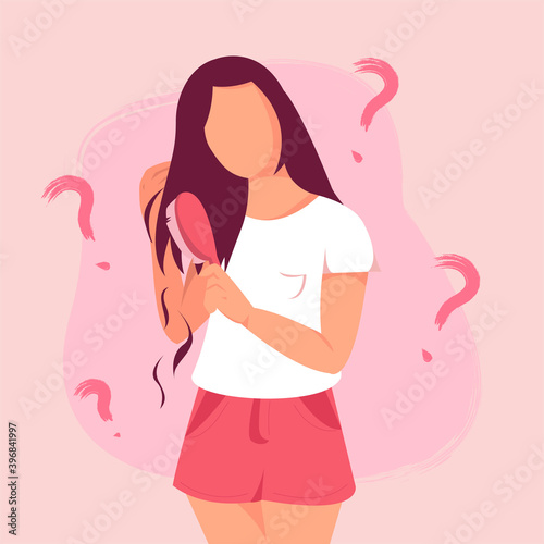 Flat vector illustration of a female with a comb in hand. Woman with hairless problems, fall, alopecia, damage