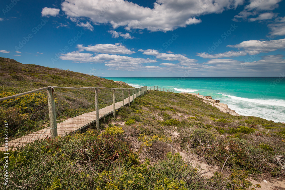 Wooden footpath leading to beach at De Hoop nature Reserve, South Africa. Wooden footpath leading to beach at De Hoop nature Reserve, South Africa.