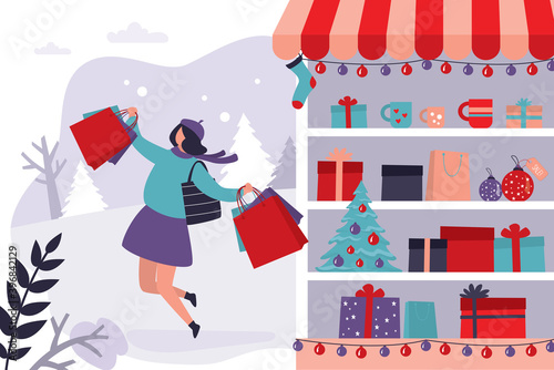 Happy female character jumping with shopping bags. Showcase with New Year's decorations and presents.